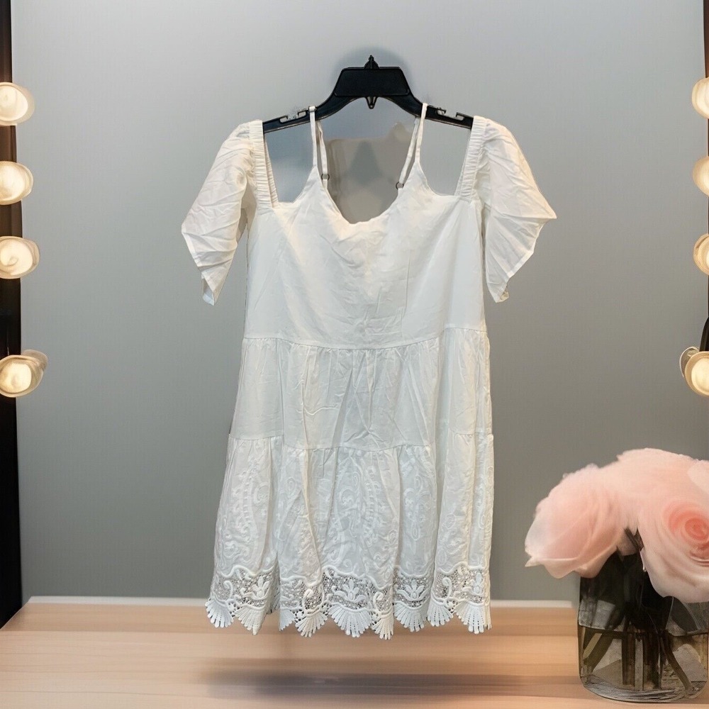 $78 Sea Gypsies by Lost Willow Flounce Dress Women S White Lace‎ Boho Cotton NEW